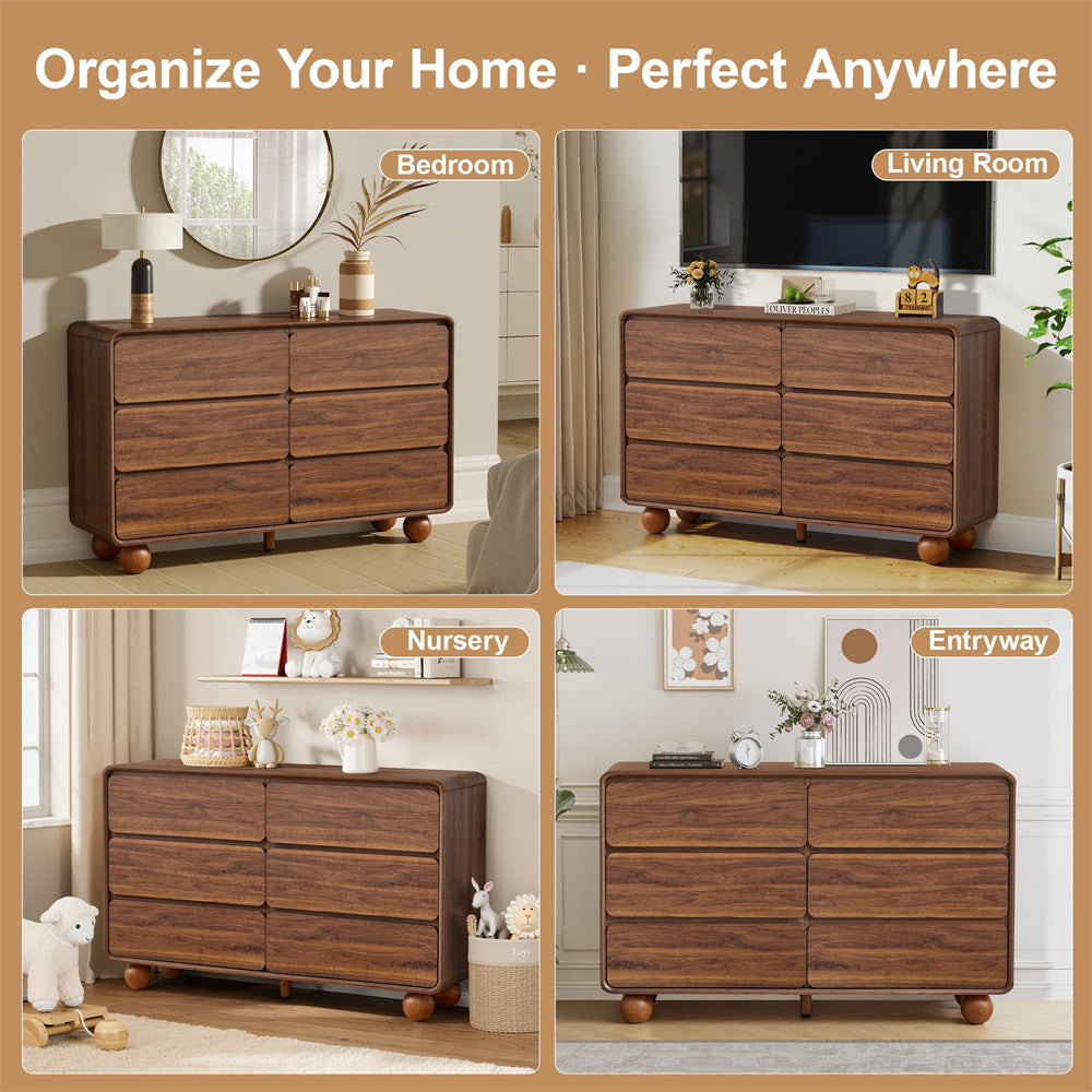 Walnut 48" Wooden 6 Drawer Dresser Chest of Drawers Handle Free & Curved Profile Design