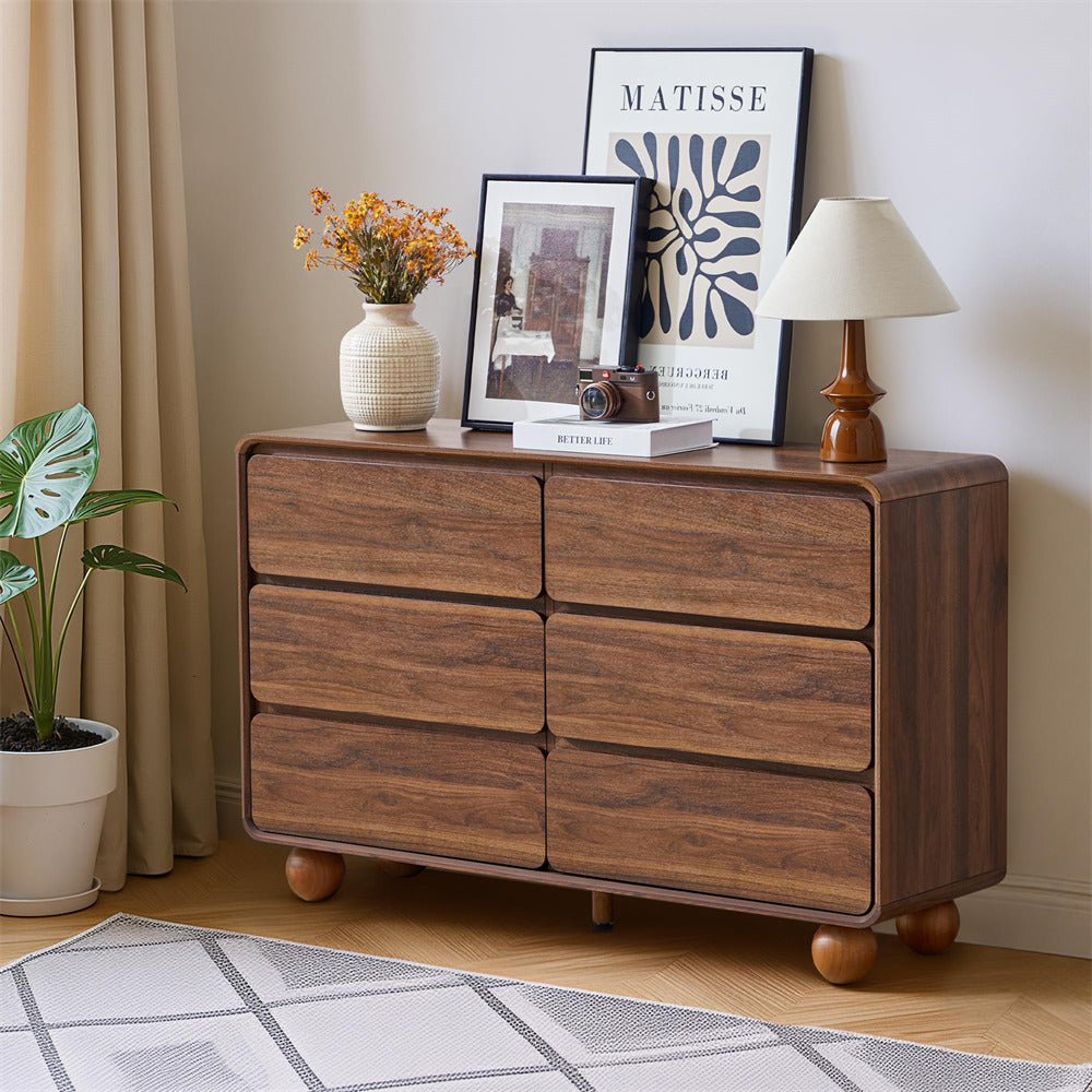 Walnut 48" Wooden 6 Drawer Dresser Chest of Drawers Handle Free & Curved Profile Design