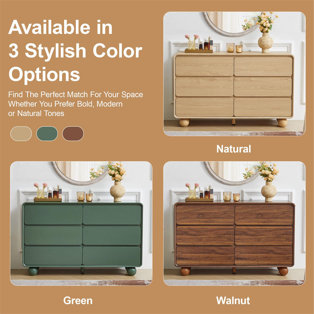 Three different colored dressers displayed on a beige background with color swatches.