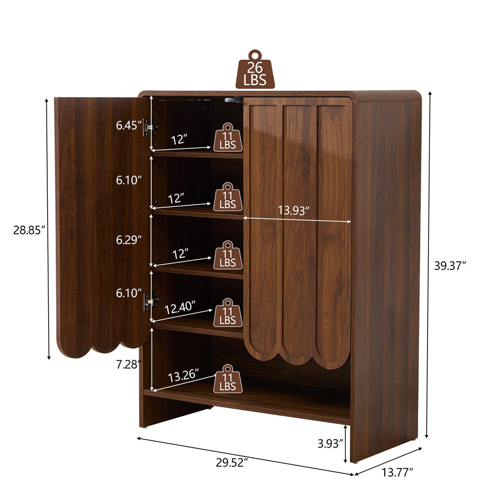 Walnut wooden 5-tier shoe cabinet with dimensions and weight labels on a white background