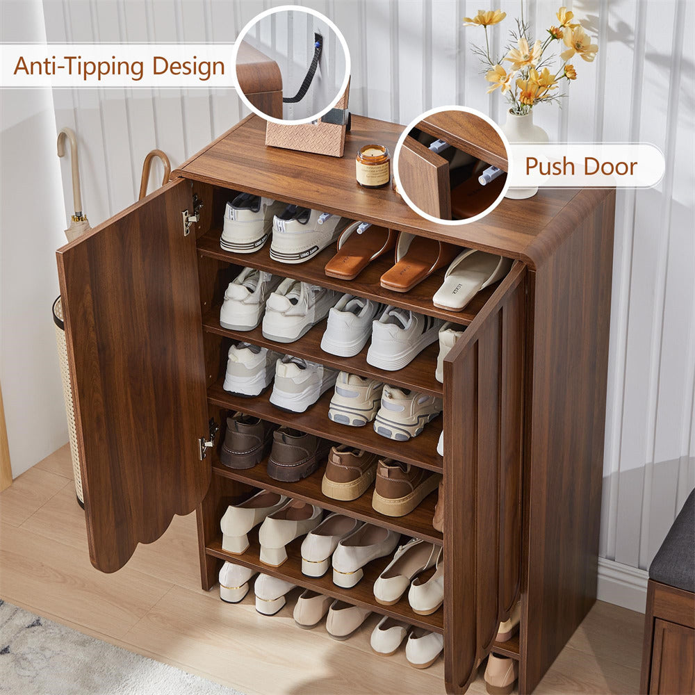 Walnut wooden 5-tier shoe cabinet with multiple shelves filled with shoes, featuring 'Anti-Tipping Design' and 'Push Door' features.