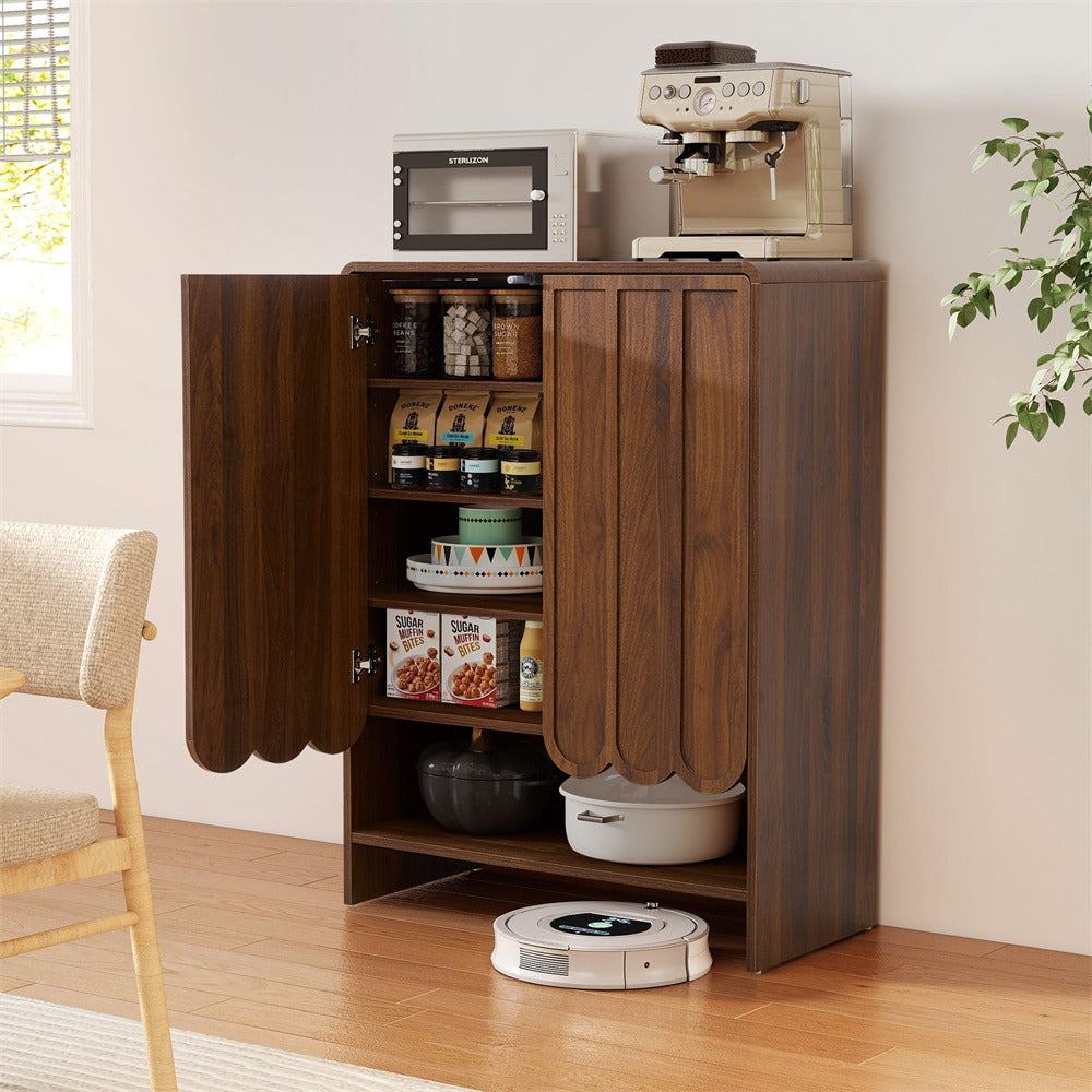 Walnut wooden 5-tier shoe cabinet with open doors displaying kitchen items, a robot vacuum cleaner on the floor.
