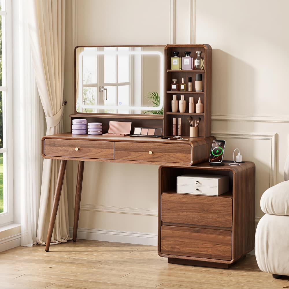 Walnut 50" Modern Wood Makeup Vanity Desk Dressing Table with Lighted Mirror and Charging Station