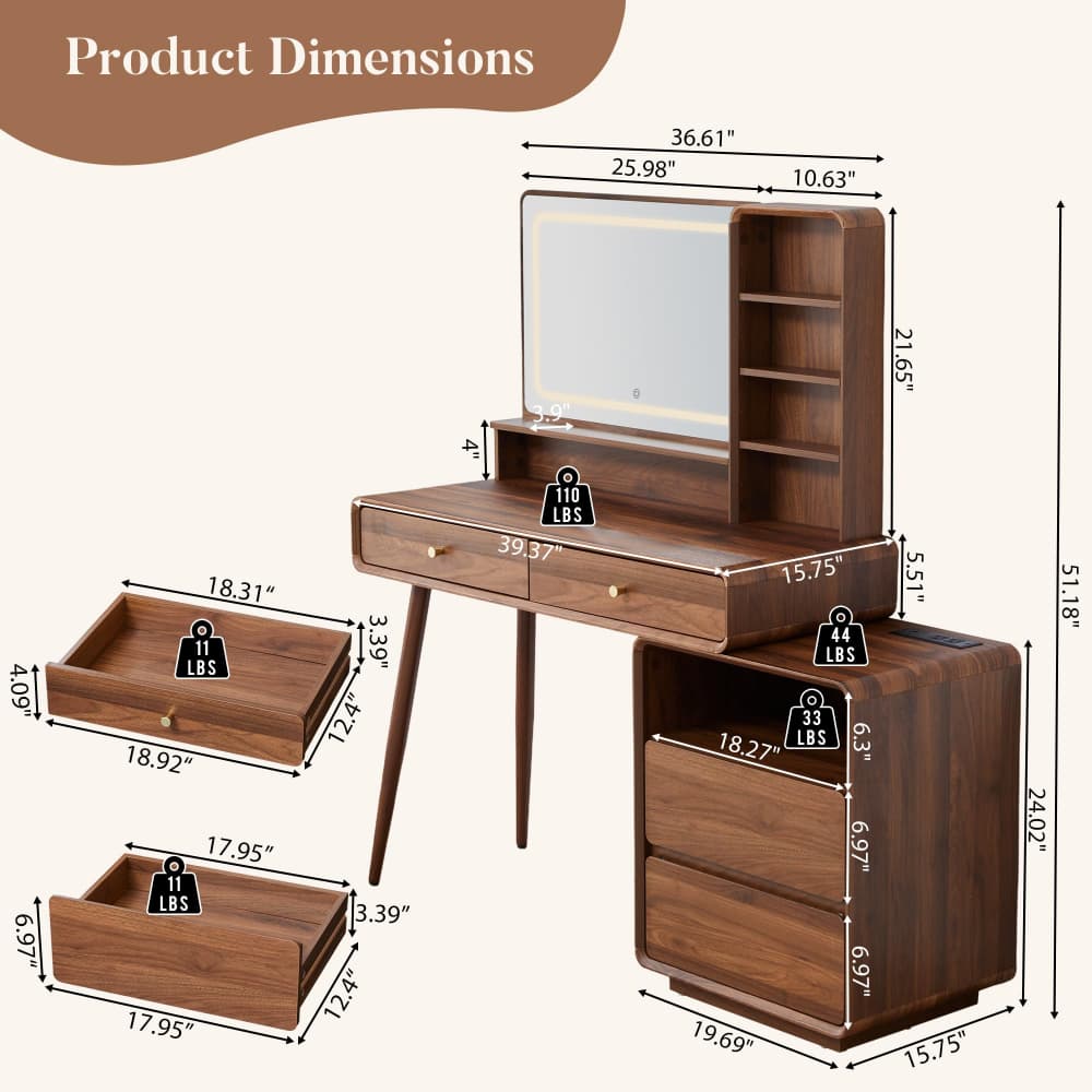 Wooden vanity desk set with dimension annotations on a light beige background, including the main desk with mirror and shelving, a side cabinet, and two drawer units. The image includes text reading 'Product Dimensions' and measurements in inches with weight labels on the drawers.