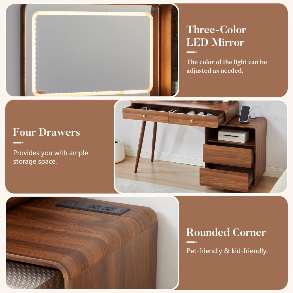 A 4-panel product feature collage for a wooden vanity desk with an LED mirror. The panels highlight key features: a three-color adjustable LED mirror, four drawers for ample storage, rounded corners, and a power outlet on the side, with text callouts on a brown background.