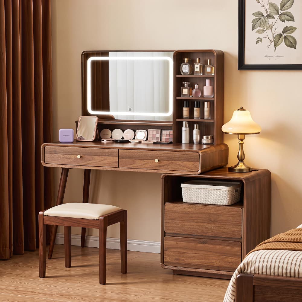 Walnut 50" Modern Wood Makeup Vanity Desk Dressing Table with Lighted Mirror and Charging Station