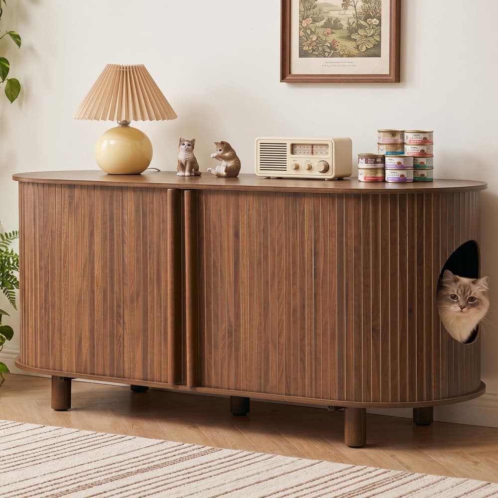 Walnut 51" Modern Wooden Double Hidden Cat Litter Box Cabinet with Sliding Door