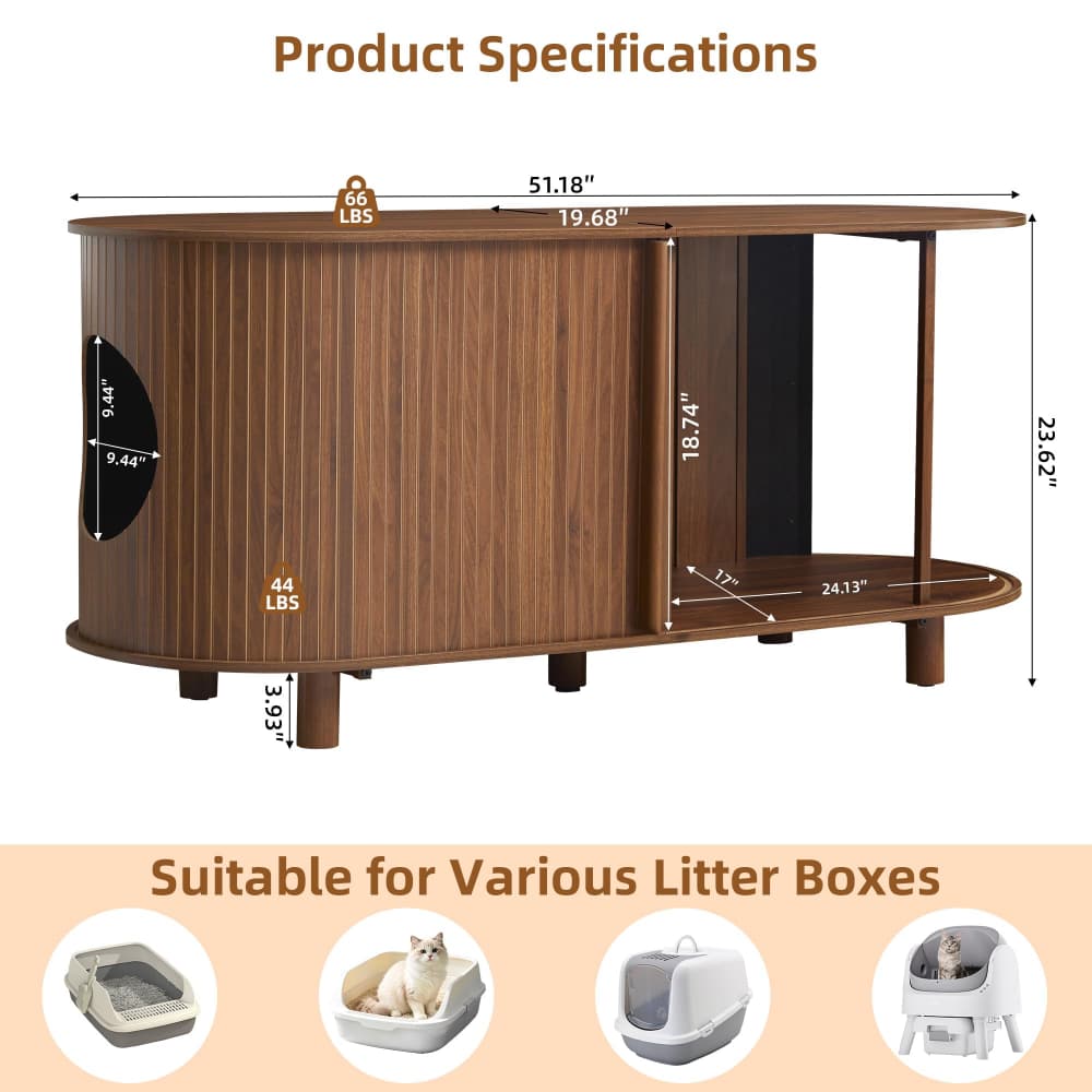 Walnut 51" Modern Wooden Double Hidden Cat Litter Box Cabinet with Sliding Door
