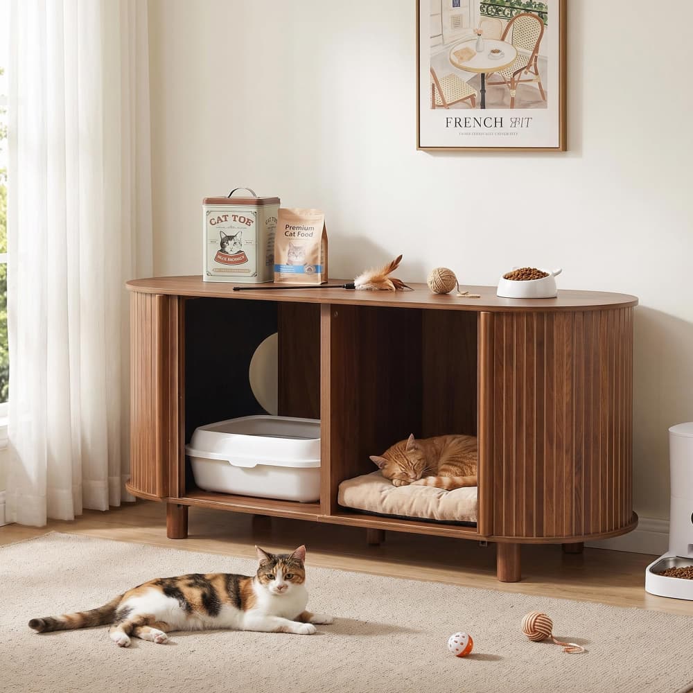 Walnut 51" Modern Wooden Double Hidden Cat Litter Box Cabinet with Sliding Door