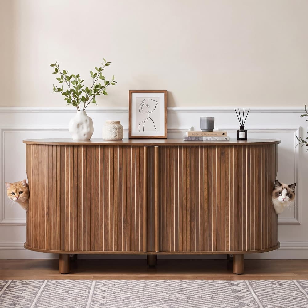 Walnut 51" Modern Wooden Double Hidden Cat Litter Box Cabinet with Sliding Door