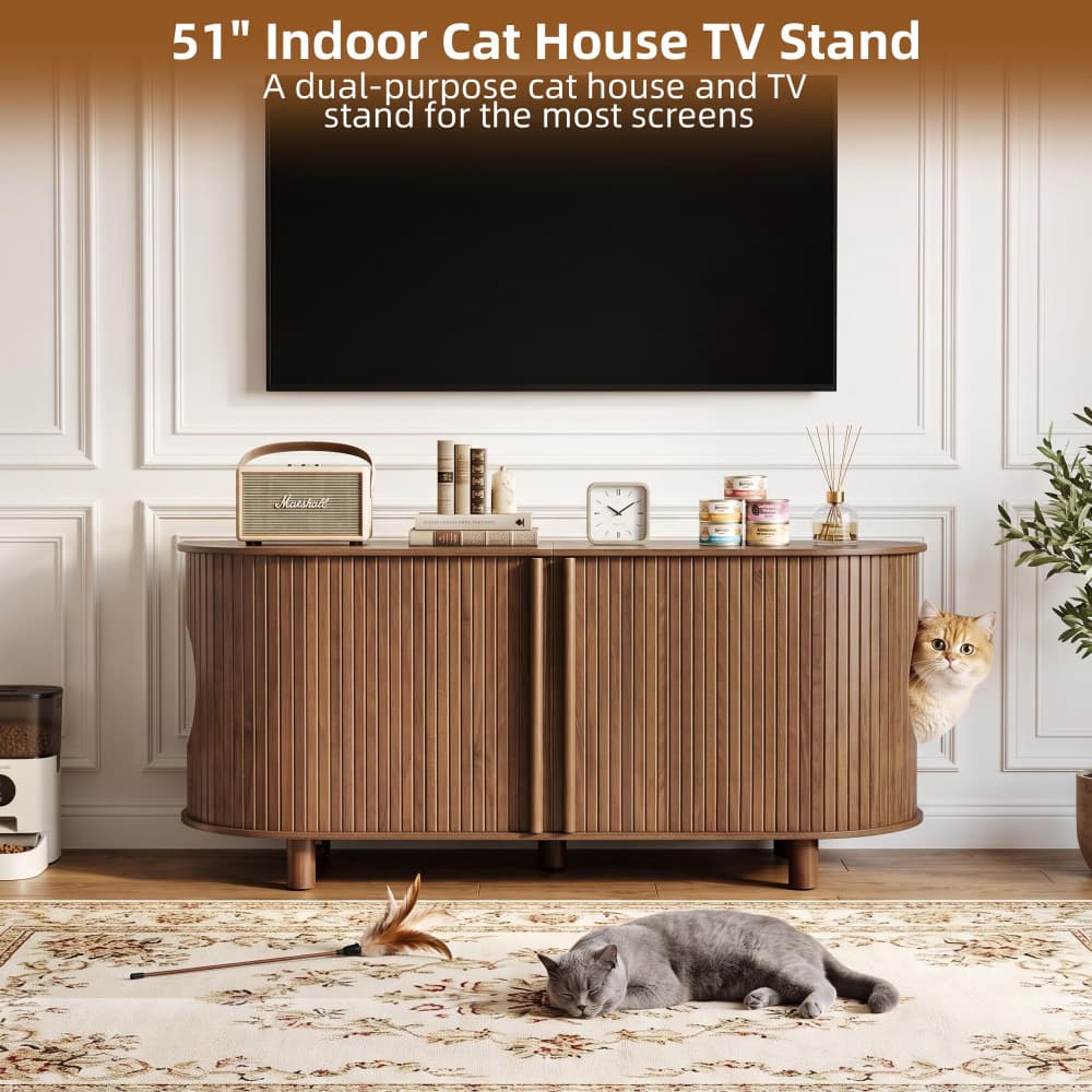 Walnut 51" Modern Wooden Double Hidden Cat Litter Box Cabinet with Sliding Door