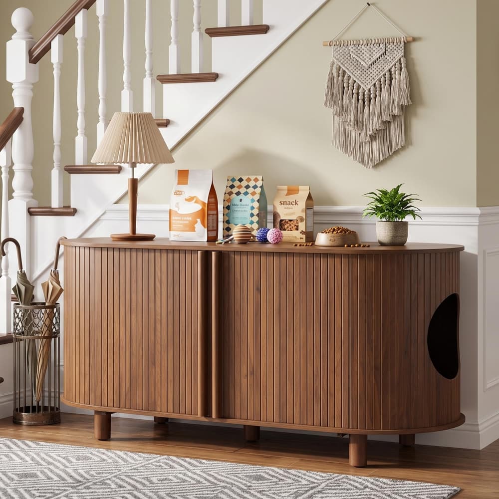 Walnut 51" Modern Wooden Double Hidden Cat Litter Box Cabinet with Sliding Door