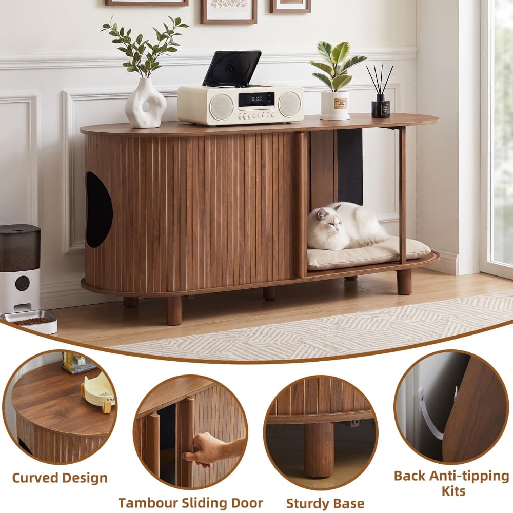 Walnut 51" Modern Wooden Double Hidden Cat Litter Box Cabinet with Sliding Door