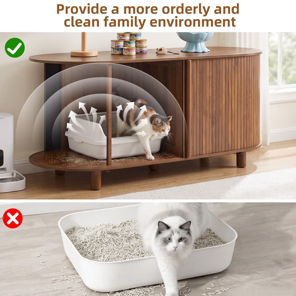 Walnut 51" Modern Wooden Double Hidden Cat Litter Box Cabinet with Sliding Door