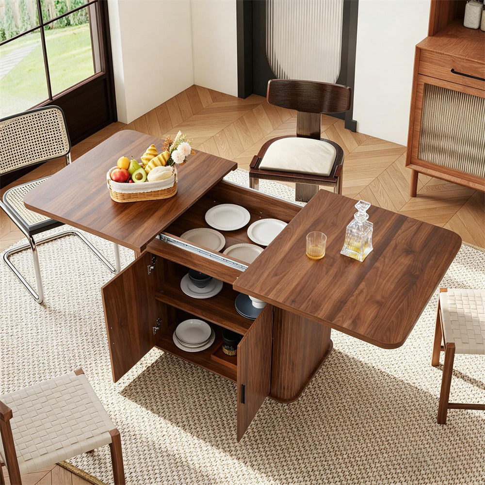 Walnut 55"-71" Extendable Kitchen Dining Table for 4-6 with Hidden Storage Cabinet & Adjustable Shelves