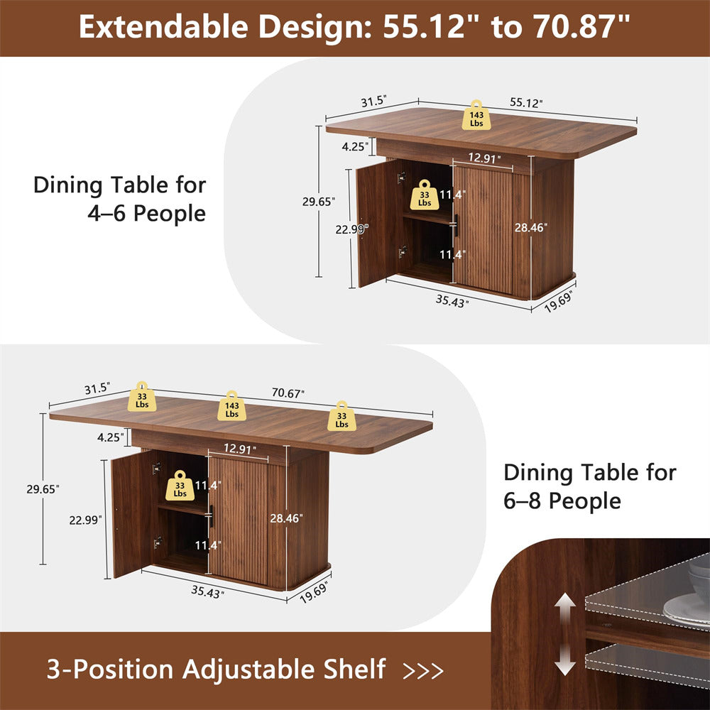 Wooden dining table with extendable design and adjustable shelf, showing dimensions for different number of people.
