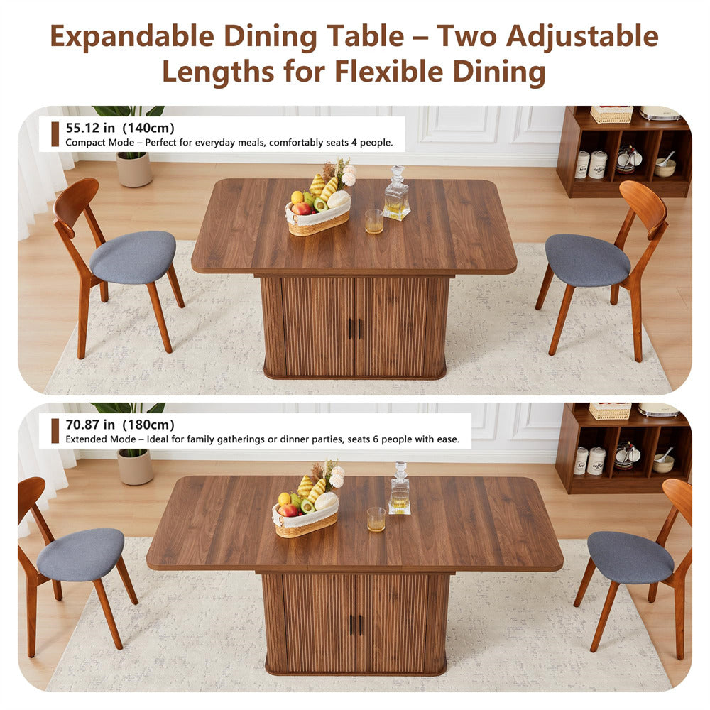 Expandable dining table with two adjustable lengths shown in a room setting.