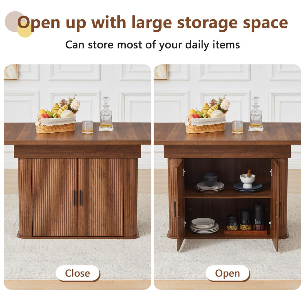Wooden table with storage space, shown closed and open, on a light background.