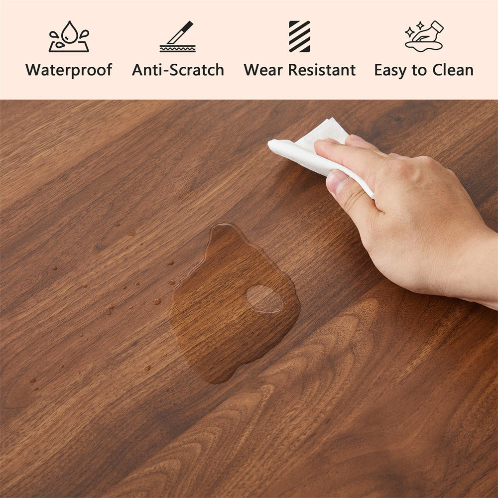 Hand wiping a wooden surface with a cloth, showcasing waterproof, anti-scratch, wear-resistant, and easy-to-clean features.