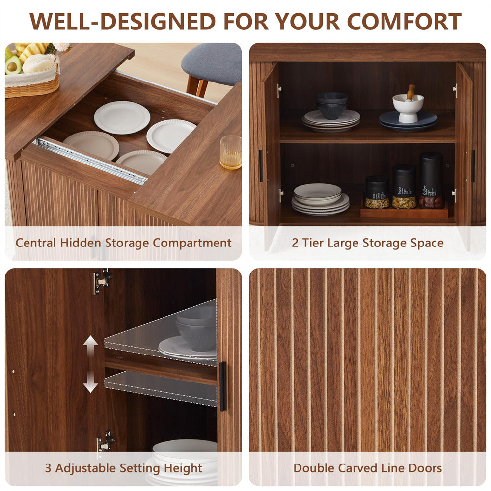 Wooden cabinet with storage compartments and shelves, highlighting features like central hidden storage, 2-tier large storage space, adjustable setting height, and double carved line doors.