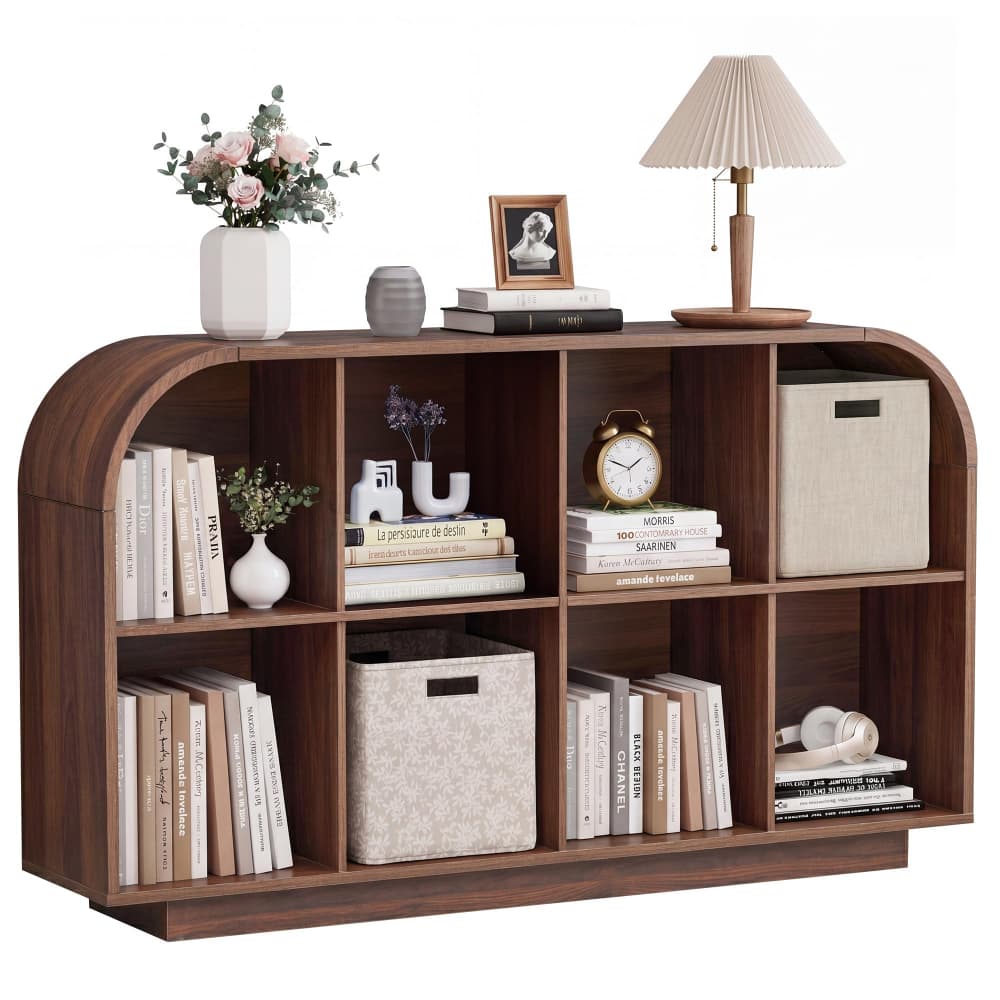 Walnut 55.1" L Low Wooden Bookcase 8 Cube Storage Organizer with Curved Edge