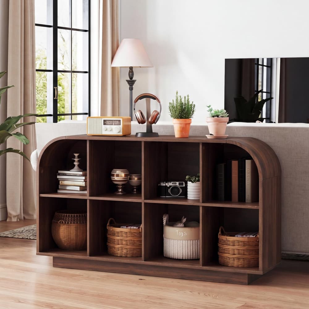 Walnut 55.1" L Low Wooden Bookcase 8 Cube Storage Organizer with Curved Edge