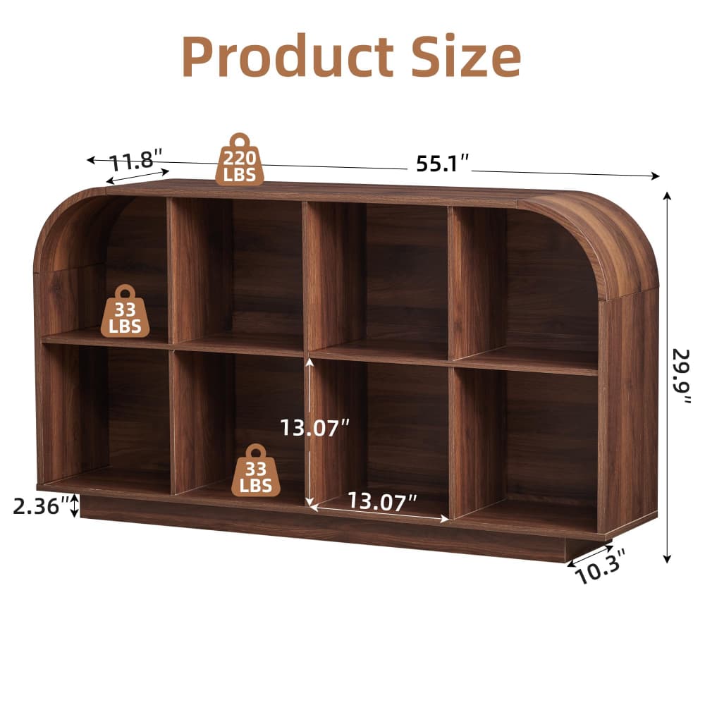 A wooden 10-compartment open storage shelf with dimension annotations showing width, height, and depth, plus weight labels on a white background.