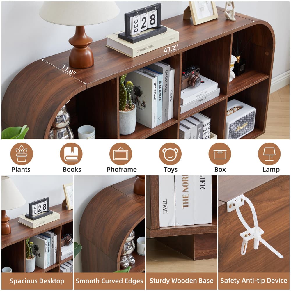 Walnut 55.1" L Low Wooden Bookcase 8 Cube Storage Organizer with Curved Edge