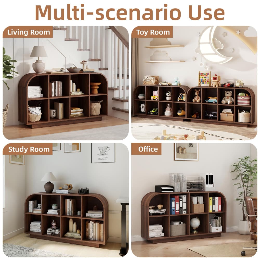 A 4-panel collage showing a dark brown wooden arched bookshelf in different indoor settings: Living Room, Toy Room, Study Room, and Office. The top header reads 'Multi-scenario Use.
