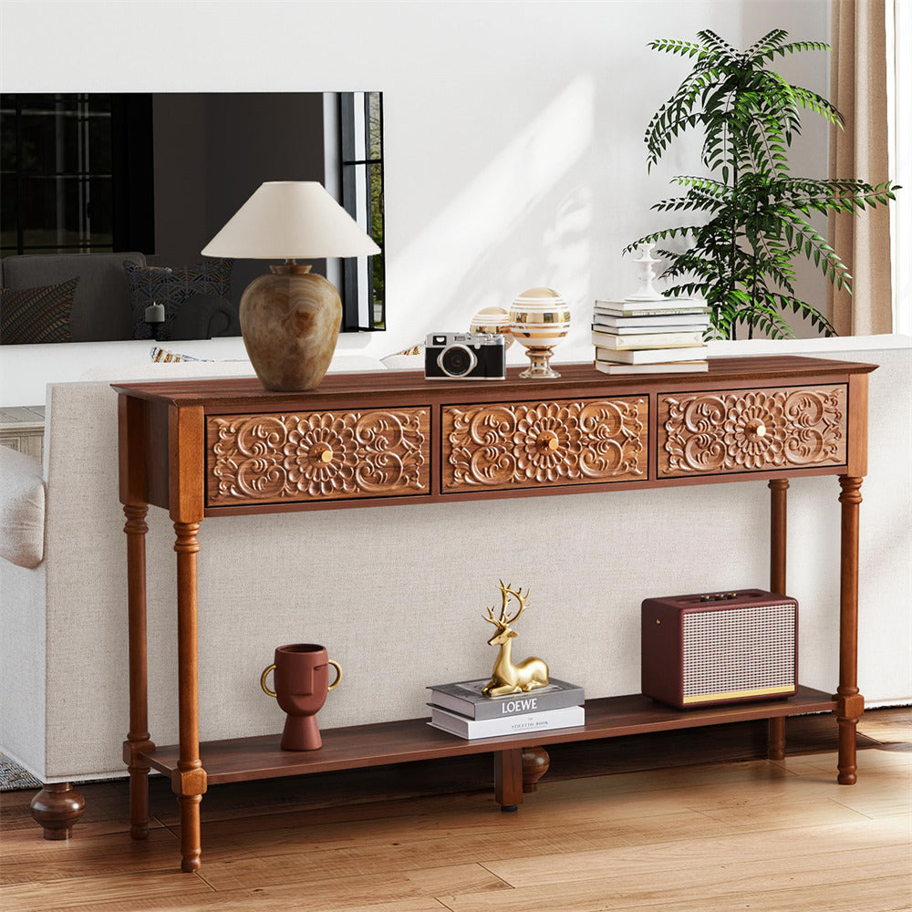 Wooden console table with decorative elements in a living room setting