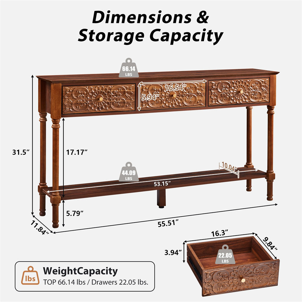 Wooden console table with dimensions and storage capacity details on a white background