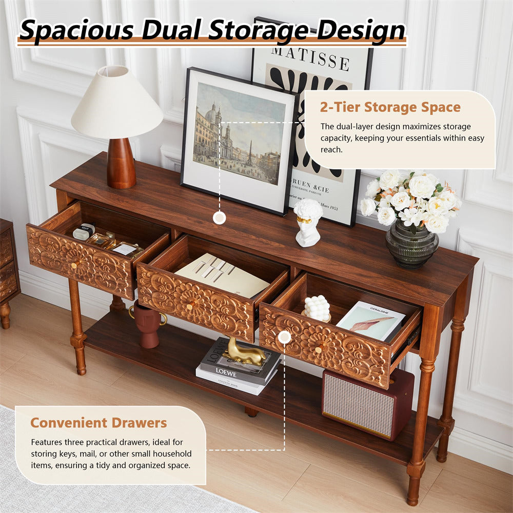 Wooden console table with dual storage design in a room setting