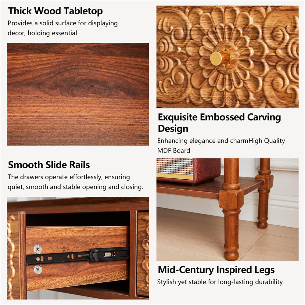Wooden table with thick wood tabletop, smooth slide rails, and exquisite embossed carving.