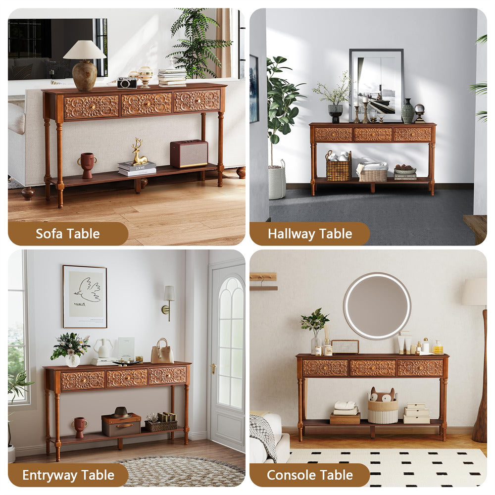 Collage of different types of wooden console tables in various room settings.