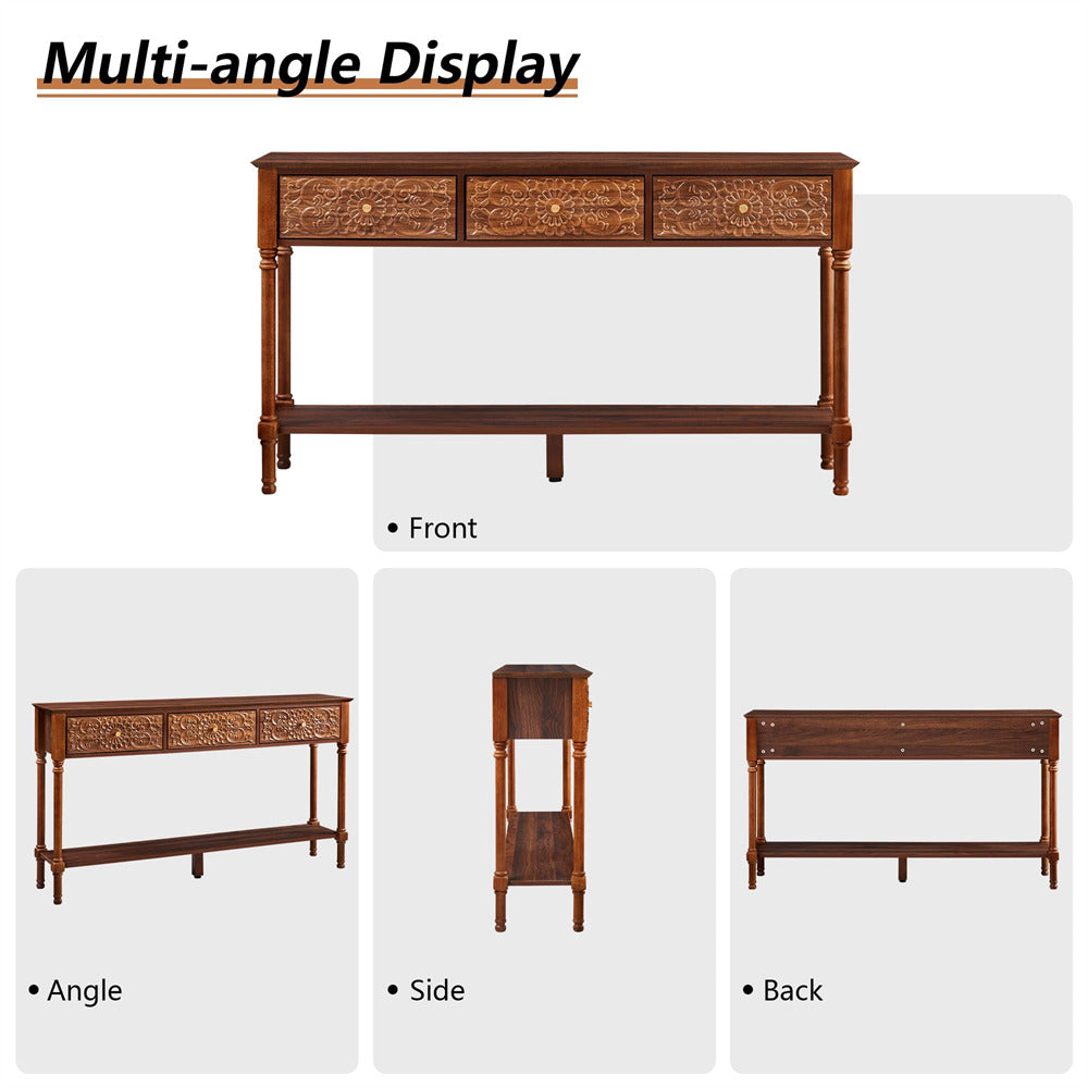 Wooden console table displayed from multiple angles on a white background.