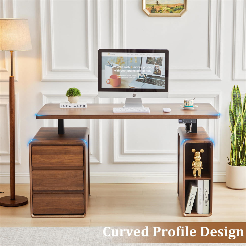 Walnut 55" Electric Standing Desk Wood Sit Stand Desks with 3 Drawers and Storage Shelf