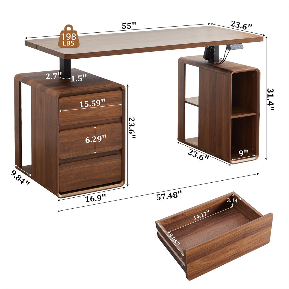 Walnut 55" Electric Standing Desk Wood Sit Stand Desks with 3 Drawers and Storage Shelf