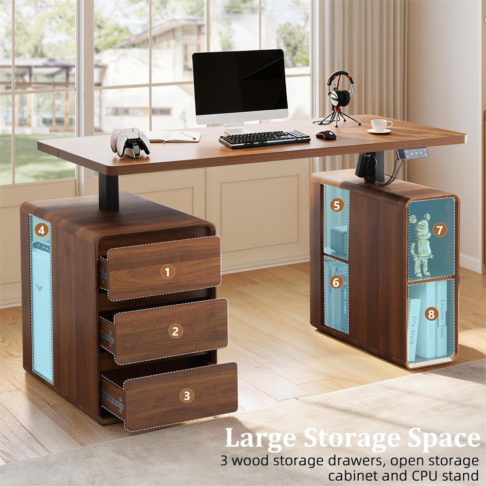Walnut 55" Electric Standing Desk Wood Sit Stand Desks with 3 Drawers and Storage Shelf