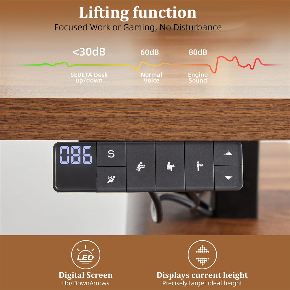 Control panel for a adjustable desk with digital display and buttons, showing noise level indicators.