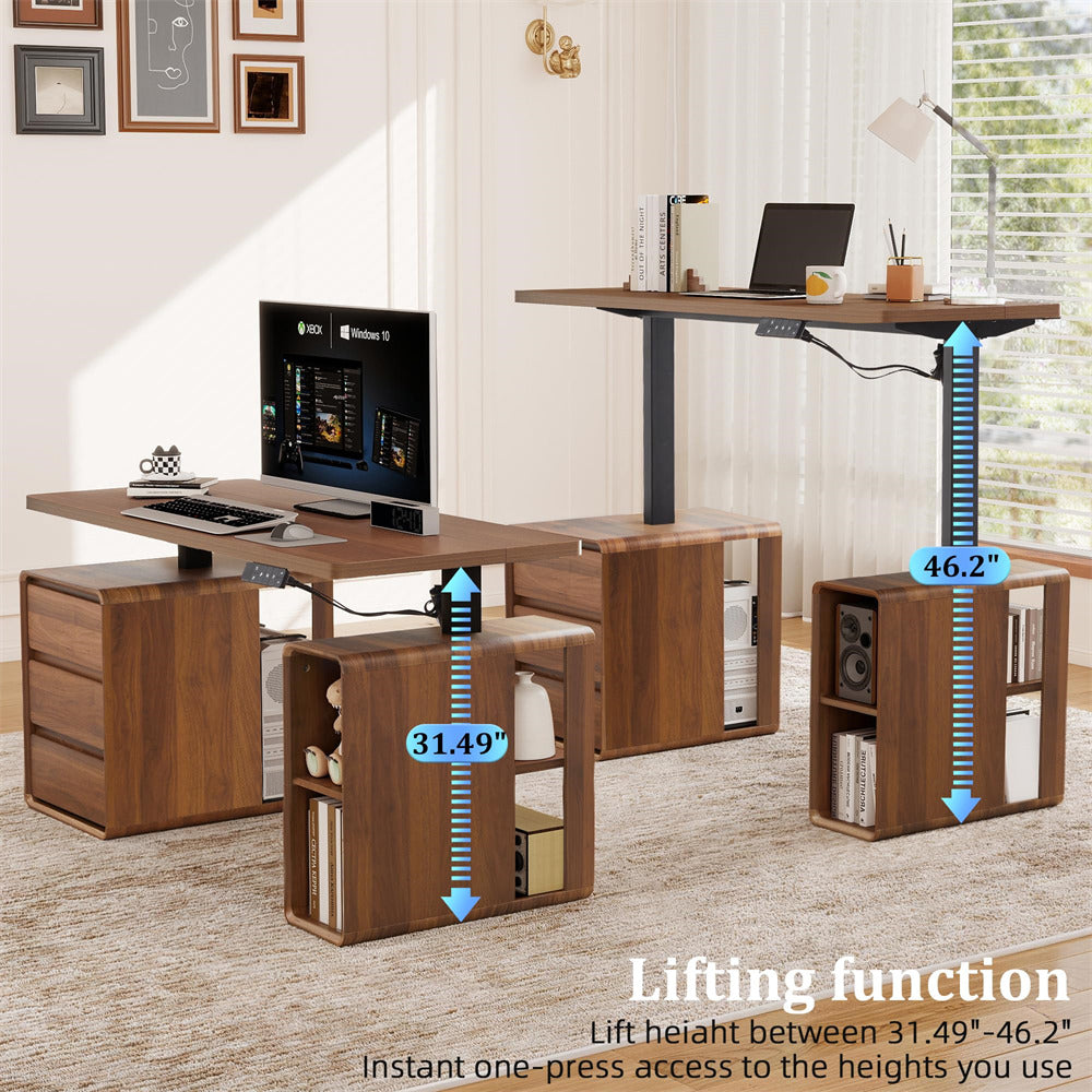 Walnut 55" Electric Standing Desk Wood Sit Stand Desks with 3 Drawers and Storage Shelf