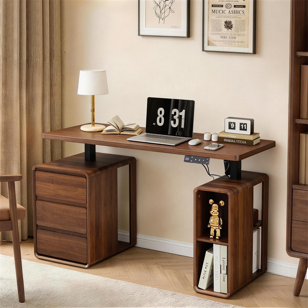 Walnut 55" Electric Standing Desk Wood Sit Stand Desks with 3 Drawers and Storage Shelf