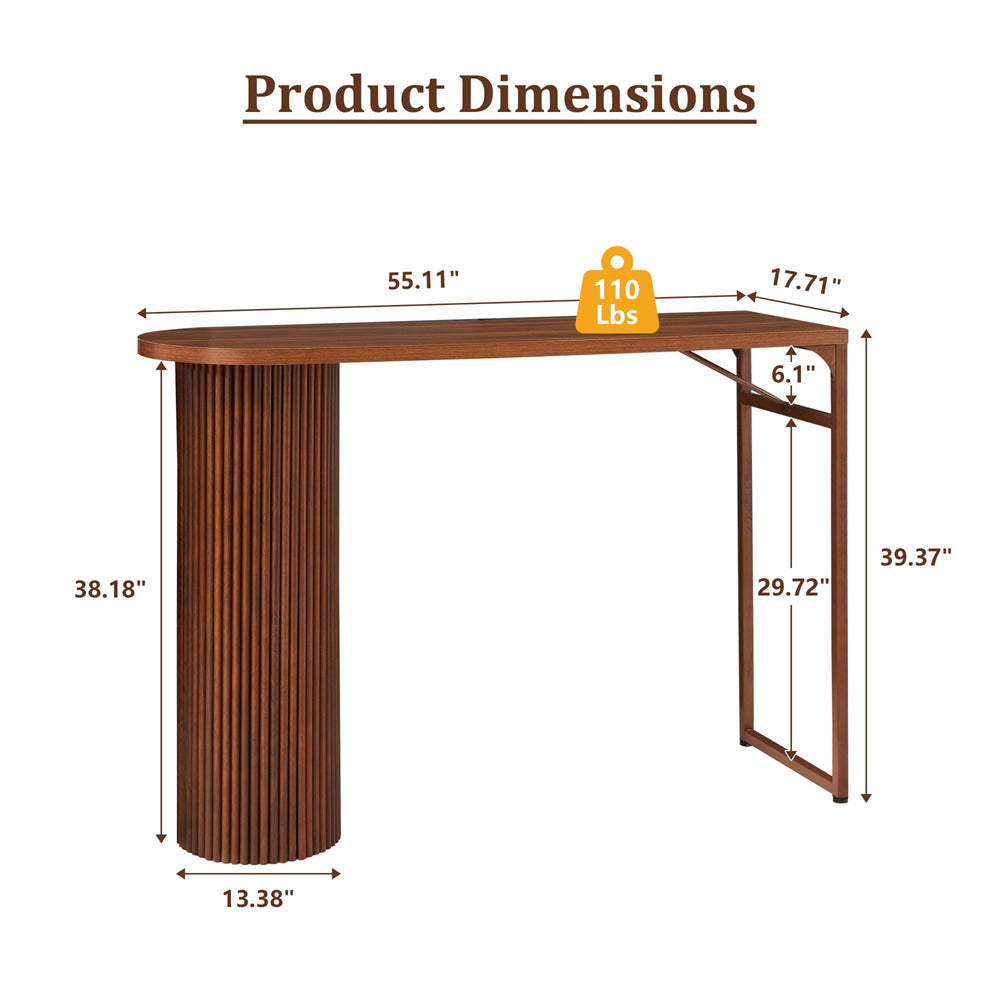Wooden console table with dimensions and weight label on a white background