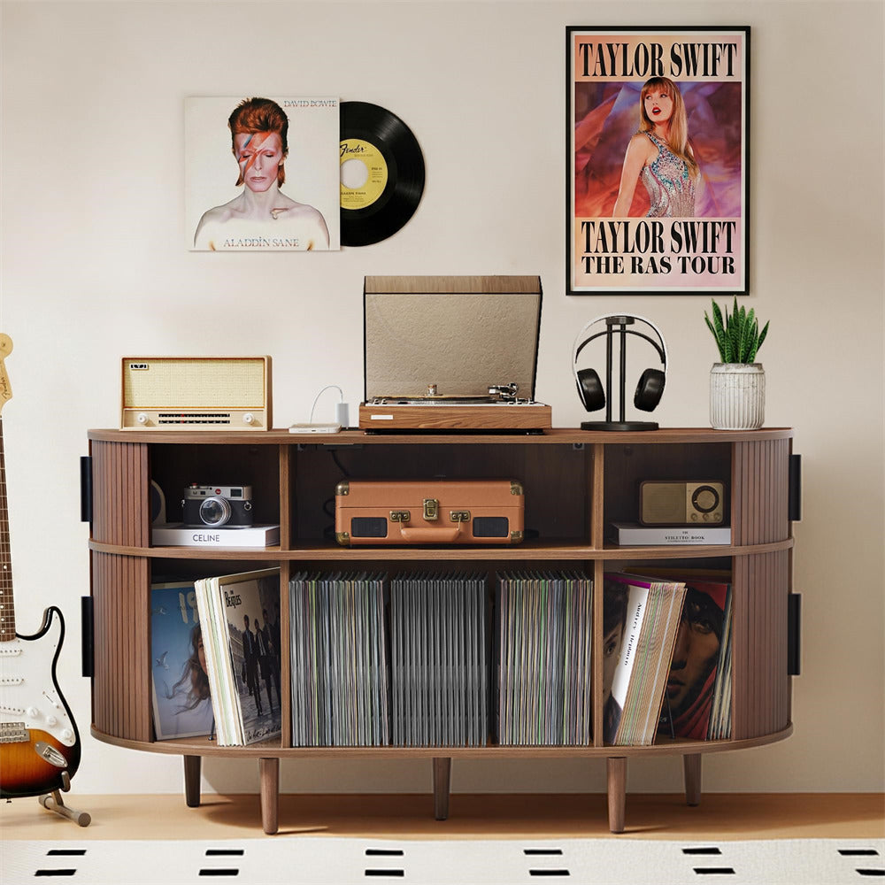Walnut 55'' Wood Vinyl Record Player Stand Storage Cabinet with Charging Station & USB Ports