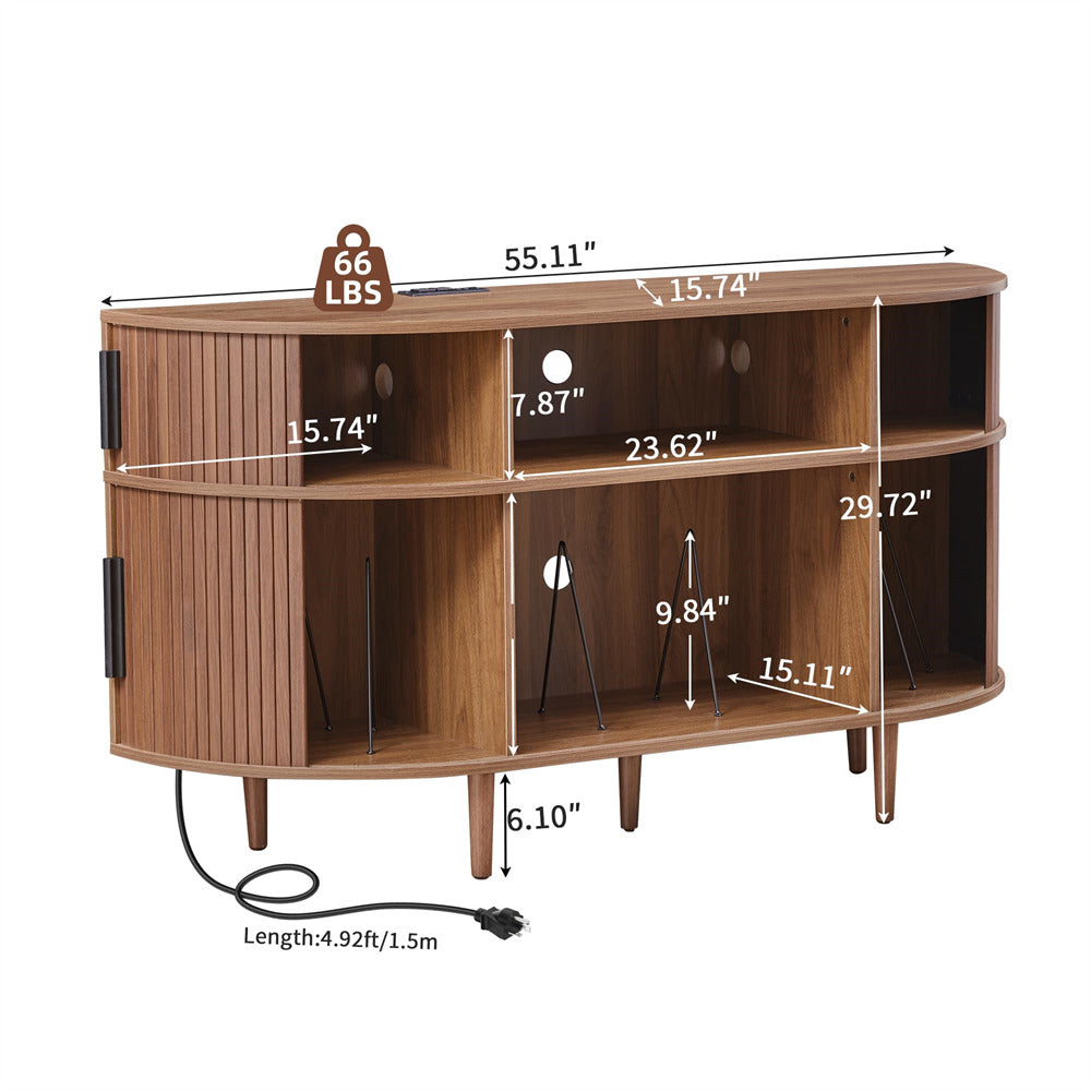 Wooden entertainment console with dimensions and weight label on a white background