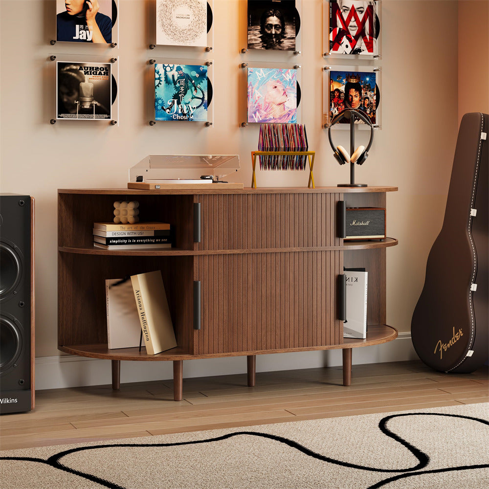 Walnut 55'' Wood Vinyl Record Player Stand Storage Cabinet with Charging Station & USB Ports