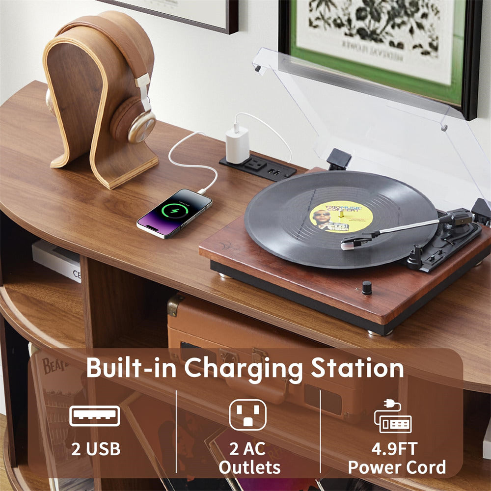Walnut 55'' Wood Vinyl Record Player Stand Storage Cabinet with Charging Station & USB Ports