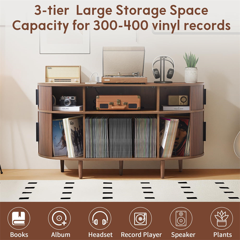 Walnut 55'' Wood Vinyl Record Player Stand Storage Cabinet with Charging Station & USB Ports