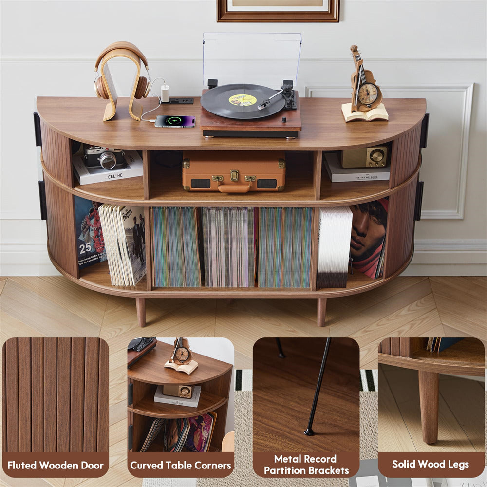 Wooden record player console with shelves, records, and a turntable.