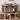 Wooden record player console with shelves, records, and a turntable.