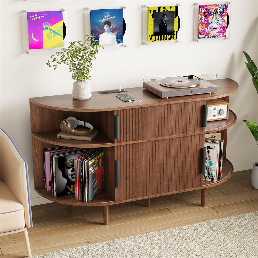 Walnut 55'' Wood Vinyl Record Player Stand Storage Cabinet with Charging Station & USB Ports